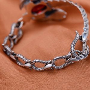 Handmade Sterling Silver Chain Link Phoenixes Synthetic Garnet Charm Women