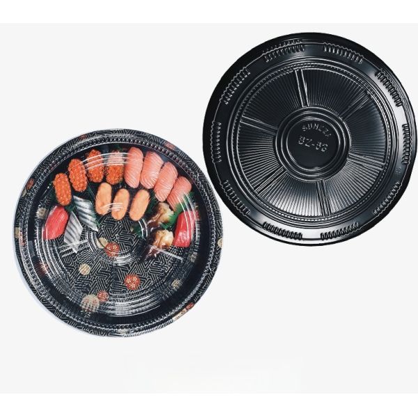 Custom Round Sushi Packaging Box Disposable Black Takeaway Sushi Food Box Japanese Salmon Sashimi Platter Packaging Box