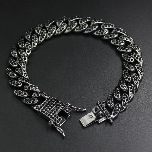 Fashion Jewelry Gun Metal Black Color 13.5mm Iced Out Rhinestone Curb Cuban
