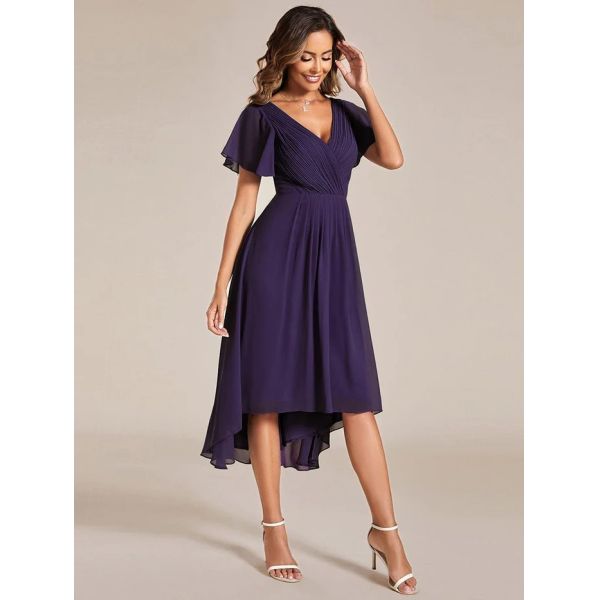 Chic V-neck High-low Short Flutter Sleeves A-line Ruffles Midi Invisible Zipper Dark Purple Chiffon Cocktail Dress