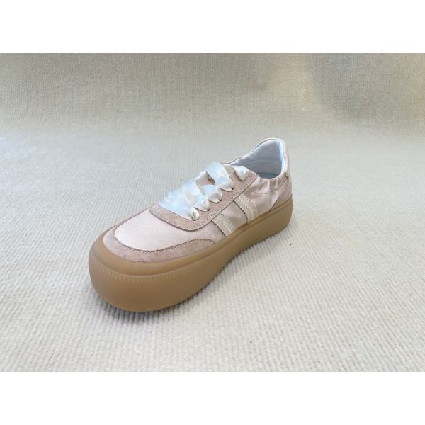 Women casual satin espadrilles sneakers with geneiun leather soft-soled and silk ribbon