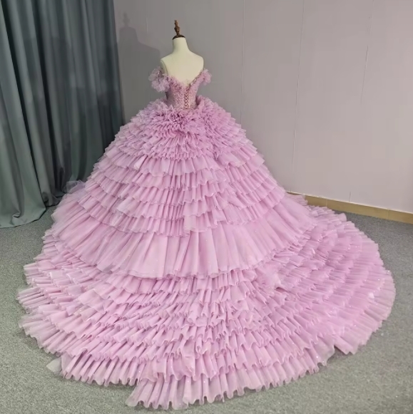 Elegant Off-the-shoulder Beaded V-neck Pink Multi-layer Skirt Tulle Quinceanera Ball Gowns Cake Dresses For 15 Girls