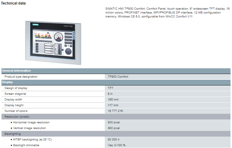 6AV2124-0JC01-0AX0 Siemens SIMATIC HMI TP900 Comfort Panel Touch Operation 9" Widescreen TFT Display