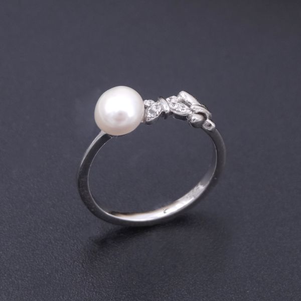 Personalized Silver Pearl Ring With Double Zircon Stars / Round White Pearl