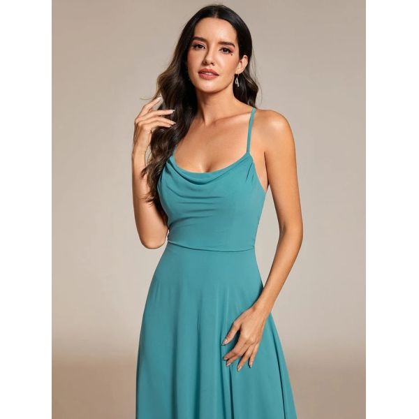 Boat Neck Empire A-line Ruffled Adjustable Spaghetti Strap Zipper Dusty Blue Chiffon Prom Dress