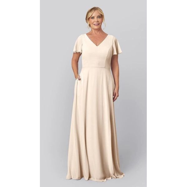 Romantic V-neckline A-line Back Keyhole Cutout Short Flutter Sleeve Zipper Navy Chiffon Mother Of The Bride Dress