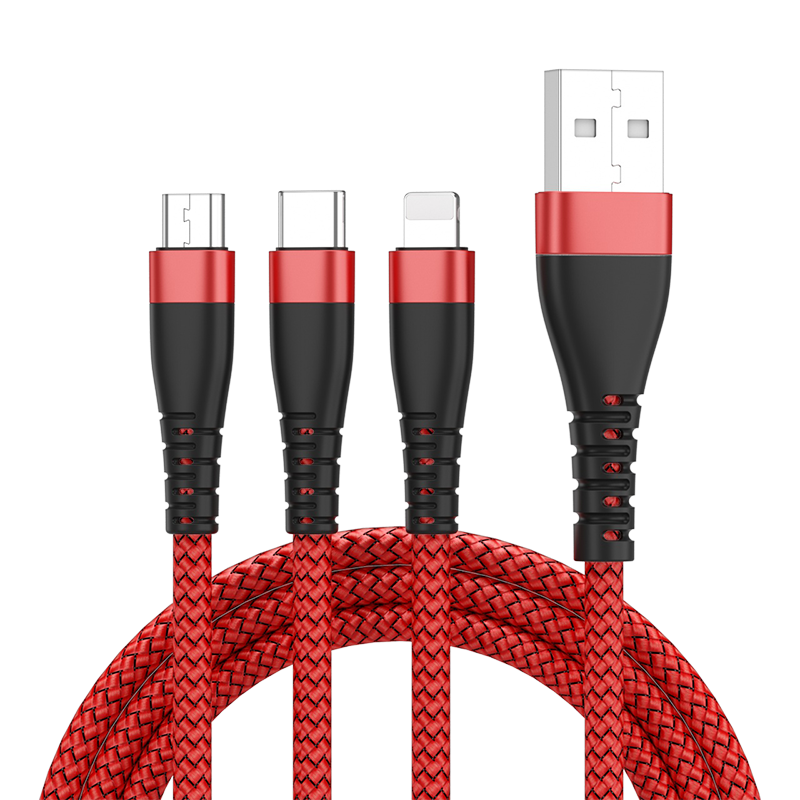 3 In 1 Nylon Braided USB Cable Flexible Phone Charging 3A 1.2M For Iphone Samsung