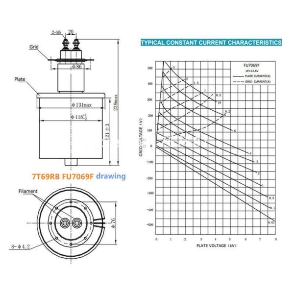 High Frequency Electron Tube Element , 9KW High Voltage Vacuum Tube FU7069F