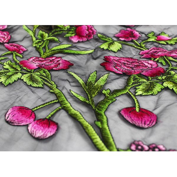 Colored Floral Embroidered Tulle Fabric With Polyester On Nylon Mesh Component