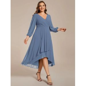 Plus Size Ruffled A-line Long Sleeve V-neck High Low Wedding Guest Dark Purple