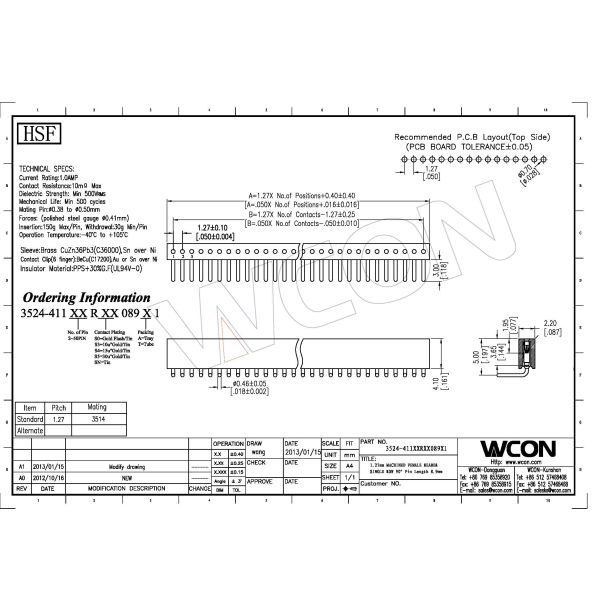 1.27mm 1*15P Right Angle DIP WCON Connector Female Round Pin Header
