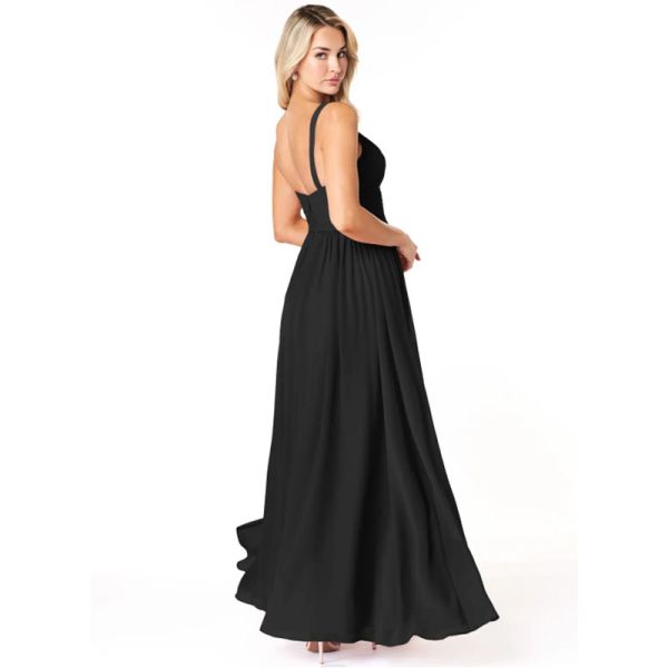 Wonderful Spaghetti Straps Black Chiffon Bridesmaid Dress Sleeveless V-Neck Pleated Ruffles Zipper Plus Size