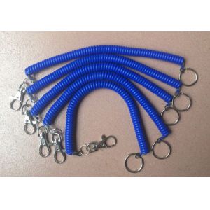 Quality Solid Blue 4mm PU Cord Dia Heavy Duty Tool Coil Lanyard Tether w/Split Ring&amp;Snap Hook for sale