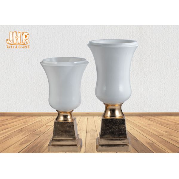 Glossy White Modern Fiberglass Planters Centerpiece Table Vases Gold Leaf