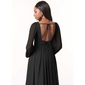 Charming OEM Chiffon Long Bridesmaid Dress A-Line V-Neck Long Sleeves Front