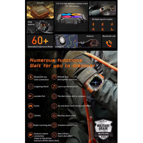 Rugged Waterproof Outdoor Smart Watch Body Temperature Compass 240x296