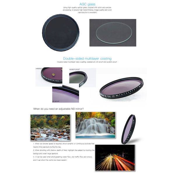 77mm ND2 To ND400 Wider Outer Optic Variable Neutral Density ND Filter With Matt Black Ultra Slim Frame