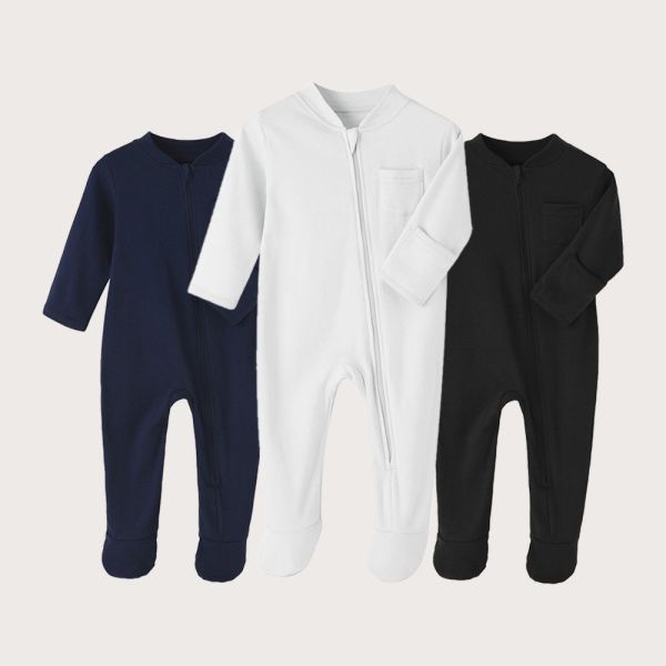Good Quality Custom 100% Organic Cotton Baby Footie zipper Onesie Jumpsuit Low Price Baby Rompers