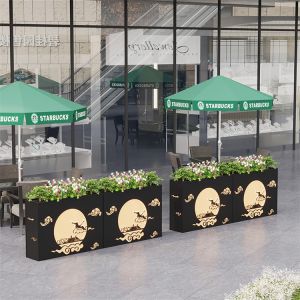 Large outdoor rectangular metal planter boxes with led light