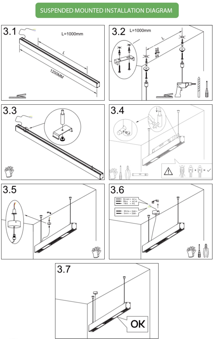 Indoor Suspended Black Linear LED Light Modern Office