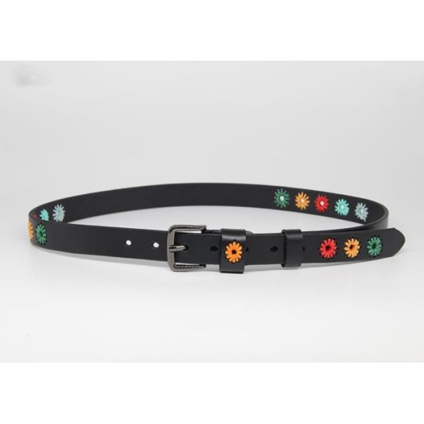 Buy Black Flower Embroidered Full Grain Cow Leather Belts at wholesale prices