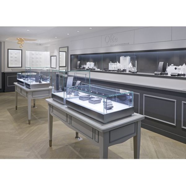 Oblong Shape Matte Gray Glass Jewellery Display Cabinets Simple Modern Style