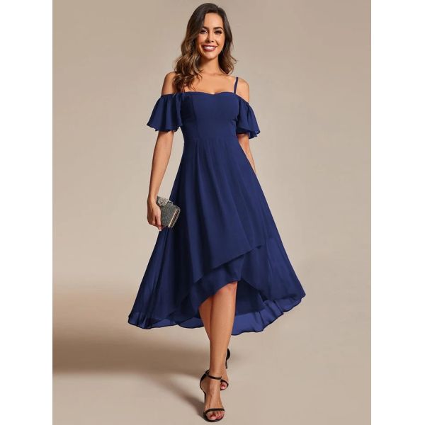 Empire Off-shoulder Spaghetti Strap Zipper High-low Wedding Guest Dresses Short Sleeves Navy Blue Chiffon Party Dress