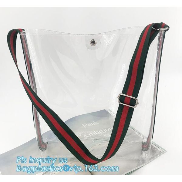 PVC Tote Shoulder Bag Gym Travel Beach shopping bags, Made in China transparent PVC shoulder bag clutch bag, packaging