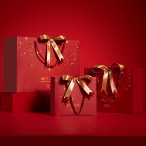 Customized Printed Red Christmas Paper Bags with Ribbon Bow