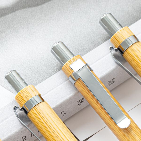 1.0mm Writing Width Eco-friendly Bamboo Ballpoint Pen with Metal Clip and Black Ink Color