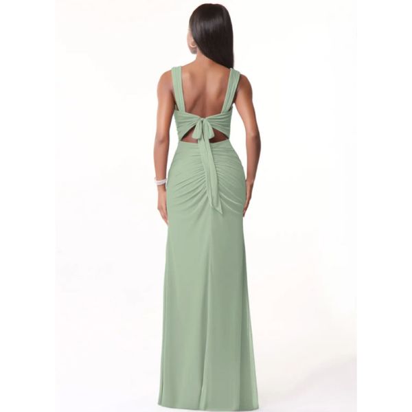 Customized Factory Fitted Ruched Long Bridesmaid Dress Dusty Sage Chiffon Floor-Length Sheath Sleeveless Keyhole
