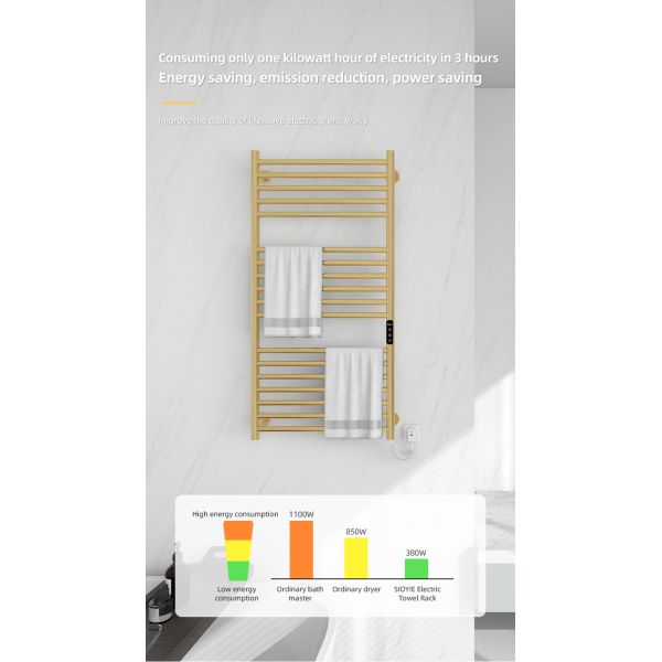 Gold Wall Mount HEATED Towel Warmer with Sleek Round Tube Design and Free Standing Option