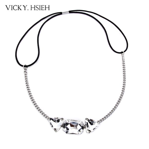 VICKY.HSIEH Rhodium Tone Geometrical Rectangle Triangle Clear Rhinestone Elastic