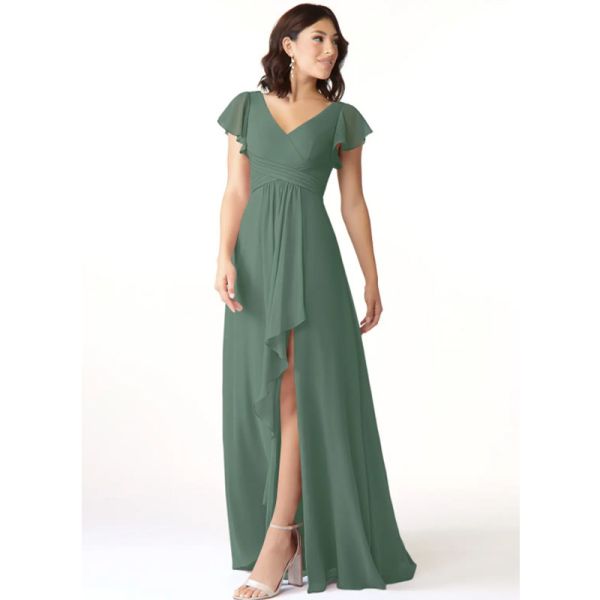 Hot Sale Factory Custom-made Chiffon Long Evening Dress A-Line Princess V-Neck Ruched V back Cap Sleeve