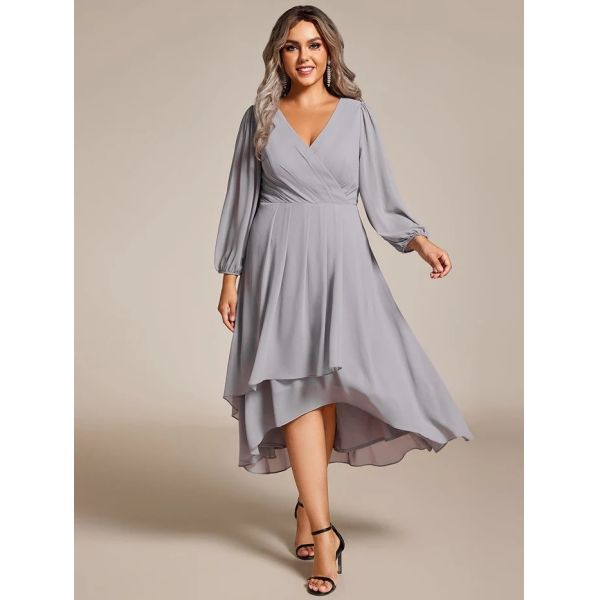 Plus Size Ruffled A-line Long Sleeve V-neck High Low Wedding Guest Grey Chiffon Graduation Dress