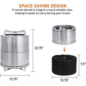 COOZOOM 15'' Portable Smokeless Fire Pit With Stand Stainless Steel Bonfire