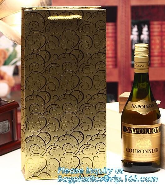 Buy wine paper bag with handles,luxury glossy wine bottle gift paper bags,Gold Wine Gift Paper Bag with Ribbon Handles pack at wholesale prices