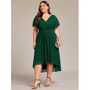 Chic V-neck High-low Short Flutter Sleeves A-line Ruffles Midi Invisible Zipper