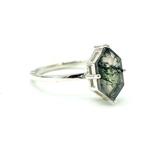 Large Hexagon Moss Agate Statement Wedding Cluster Ring Set