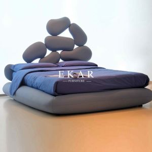 Wooden Frame Unique Shaped Upholstered Headboard Latest Double Bed Design
