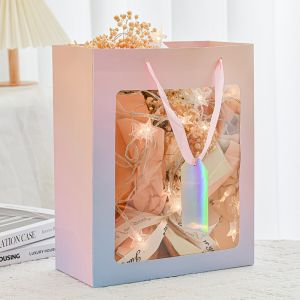 Pastel Gradient Window Gift Bags with Ribbon Handles Transparent Floral Birthday