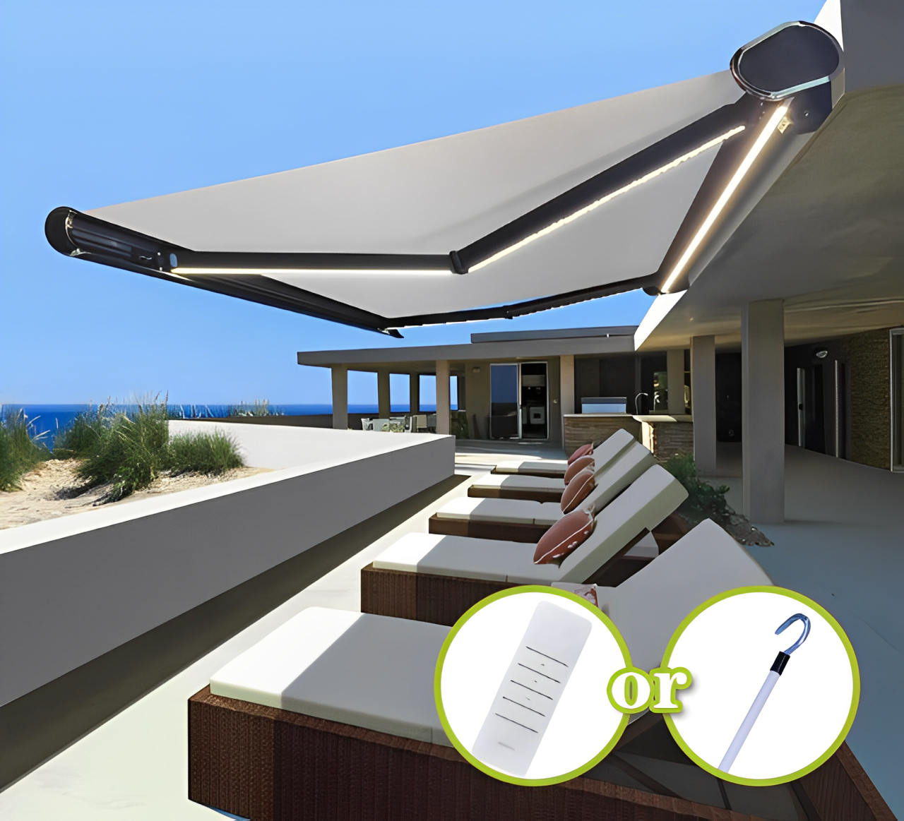 Outdoor Sunshade Motorized Lightweight Retractable Awning With LED Lights Garden Canopy