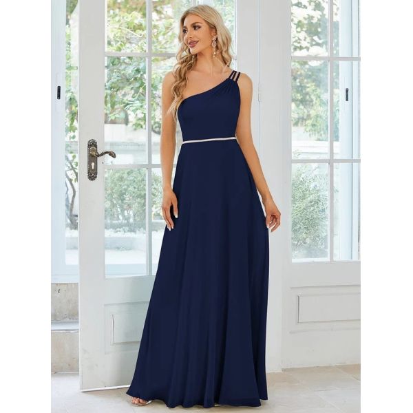 Asymmetry Custom Size Spaghetti Strap One-shoulder A-line Navy Blue Flowy Chiffon Graduation Dress
