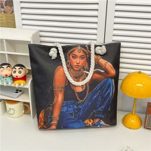 Popular Forest Black Girl Print Shoulder Bag Thick Rope Tote Bag Fashionable