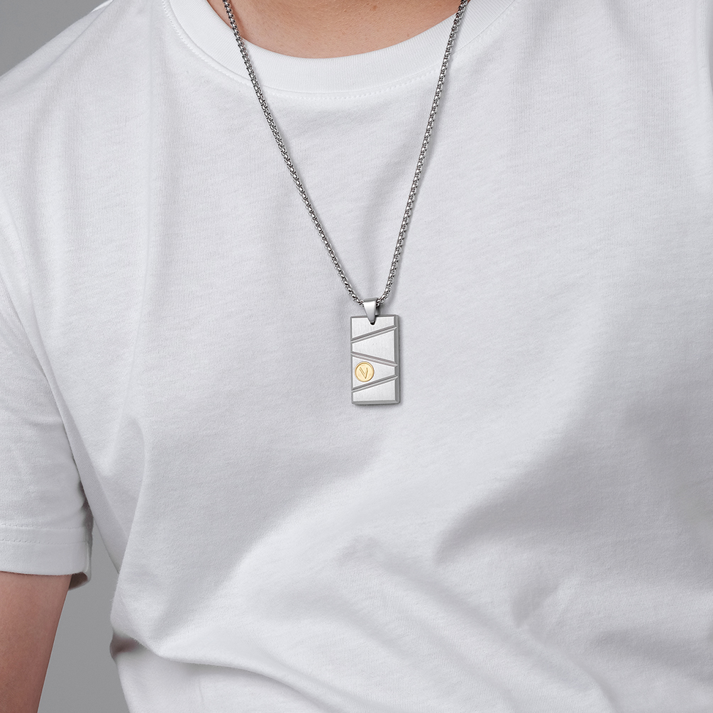 V Letter Embossed Men's Necklace with Square Pendant Simple Numerology Jewelry for Anniversary Occasion