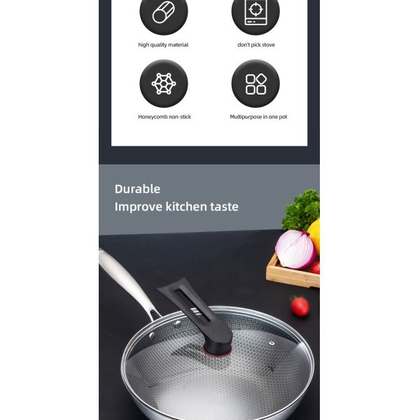 High Capacity Honeycomb Kitchen Frypan Non Stick Stainless Steel With Lid