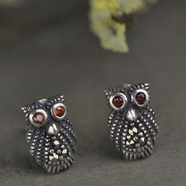Vintage Owl Design Sterling Silver Stud Earrings(XH023333W)