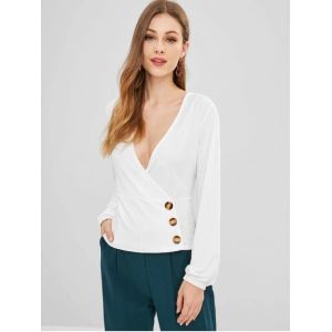 Long Sleeve Ribbed Buttoned Crossover Top T Shirt Clothing Women
