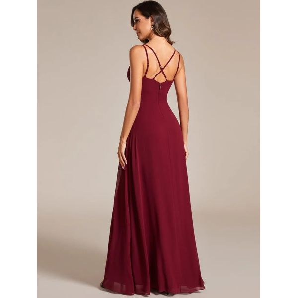 Empire Zipper A-line High Slit Pleated Adjustable Straps V-neck Pink Chiffon Bridesmaid Dress