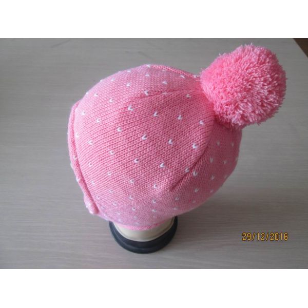 Children's ear flap/hat with pompom by 100% acrylic yarn with jacquard--fleece linging